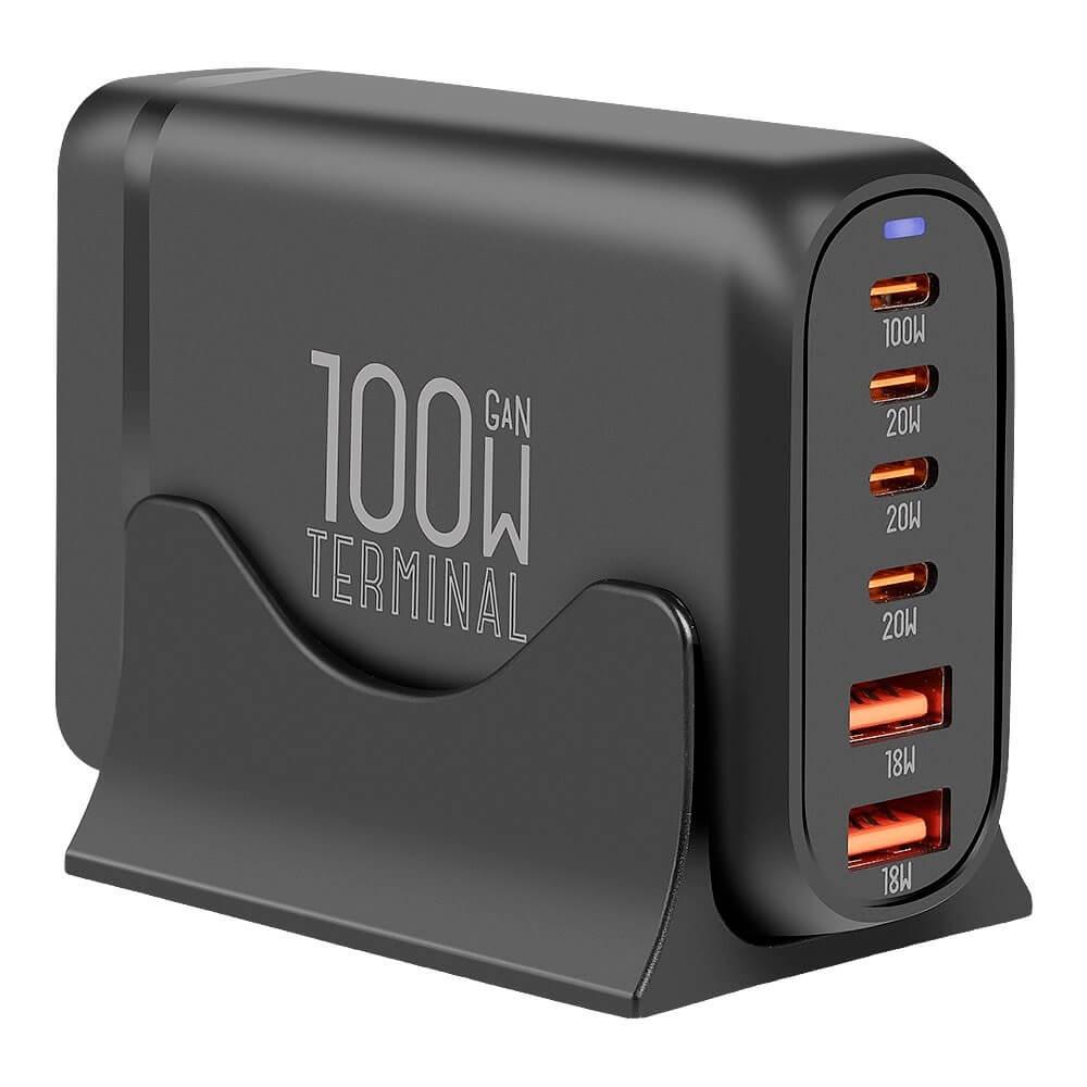 Захранване за ел. мрежа за лаптопи, смартфони и таблети с 2xUSB-A и 4xUSB-C изходи с технология за бързо зареждане - OBALME Terminal GaN Fast Desktop Charger 100W (черен) | JAR Computers Захранване за ел. мрежа за лаптопи, смартфони и таблети с 2xUSB-A и 4xUSB-C изходи с технология за бързо зареждане - OBALME Terminal GaN Fast Desktop Charger 100W (черен)