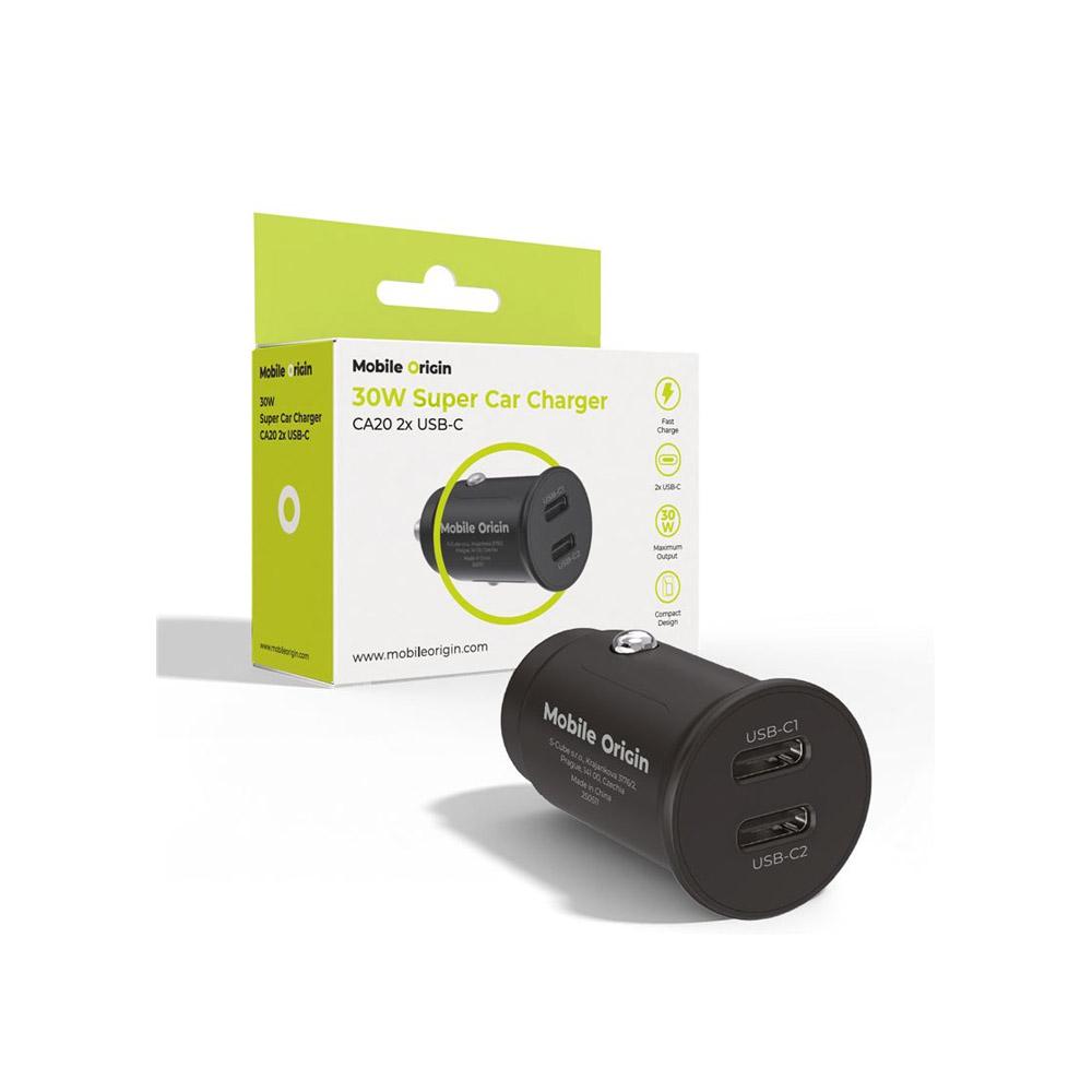 Зарядно за кола с 2xUSB-C изходи с технология за бързо зареждане - Mobile Origin CA20 Metal Quick Car Charger 30W (черен) | JAR Computers Зарядно за кола с 2xUSB-C изходи с технология за бързо зареждане - Mobile Origin CA20 Metal Quick Car Charger 30W (черен)