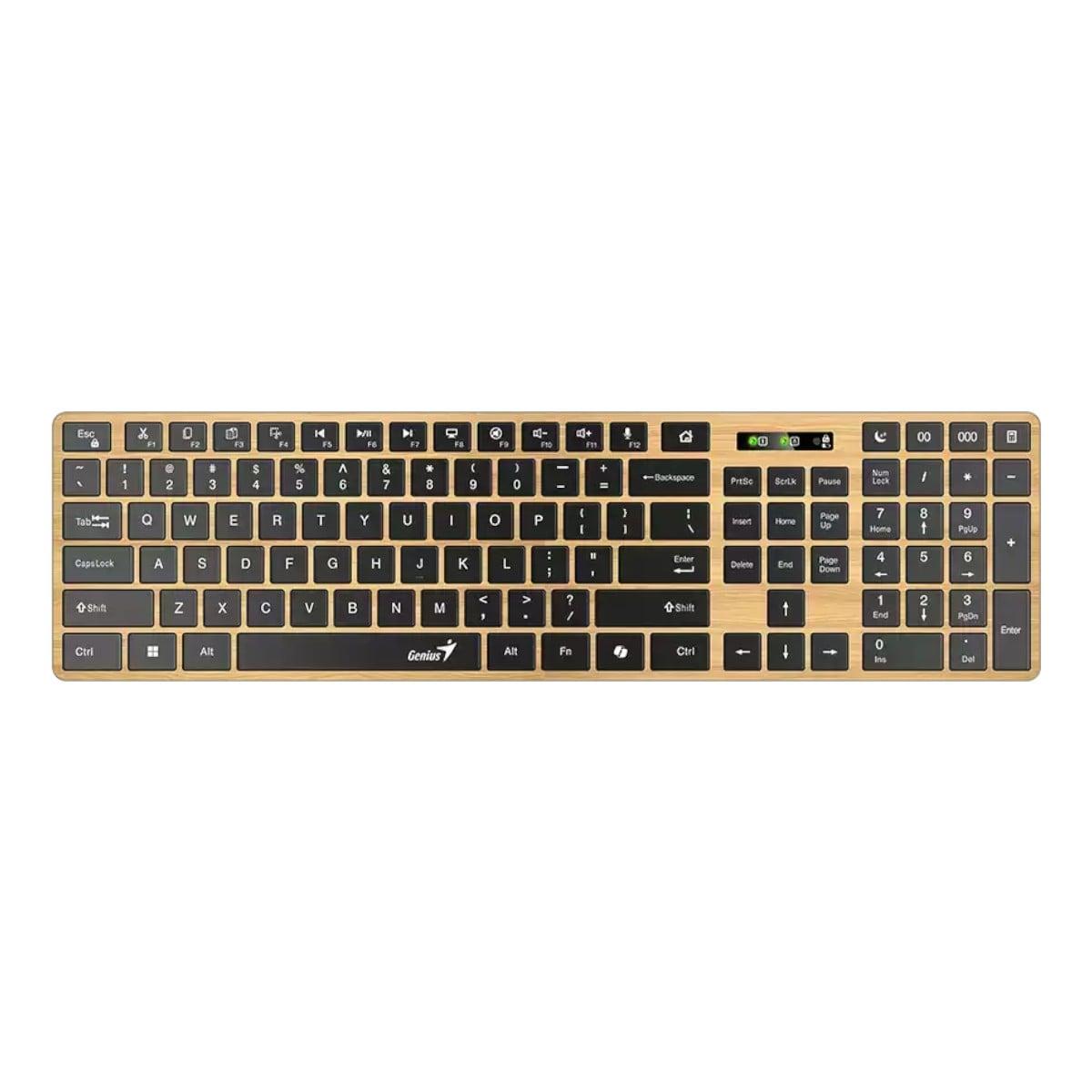 Клавиатура Genius Slimstar 7250BT, безжична, AI Copilot, Bluetooth/USB, 12 бързи бутона, AAA, дървесна