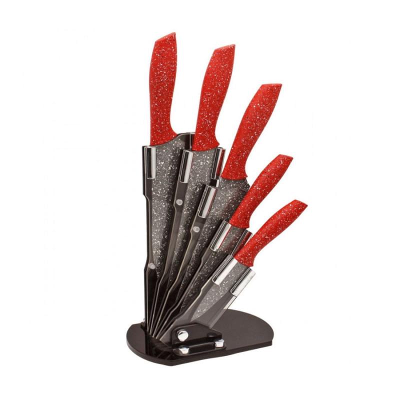 Комплект ножове Voltz V51633A5, 5 броя, Мраморно покритие, Стойка, Червен/сив | JAR Computers Комплект ножове Voltz V51633A5, 5 броя, Мраморно покритие, Стойка, Червен/сив
