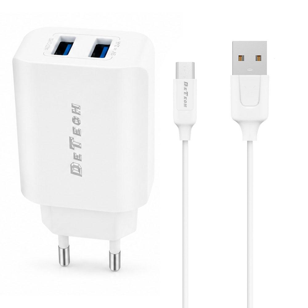 Мрежово зарядно устройство DeTech DE-58C, 5V/2.4A, 220V, 2 x USB, с Type-C кабел, 1.0m, Бял - 40539 | JAR Computers Мрежово зарядно устройство DeTech DE-58C, 5V/2.4A, 220V, 2 x USB, с Type-C кабел, 1.0m, Бял - 40539