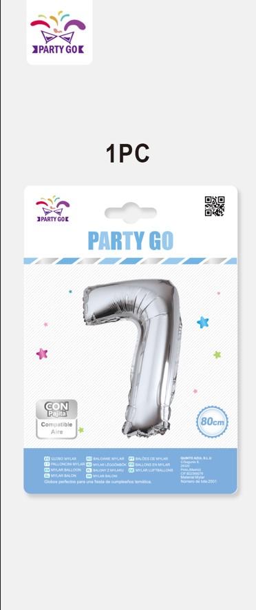 Фолиев балон PartyGo, 80см, сребърен, цифра 7в | JAR Computers Фолиев балон PartyGo, 80см, сребърен, цифра 7в