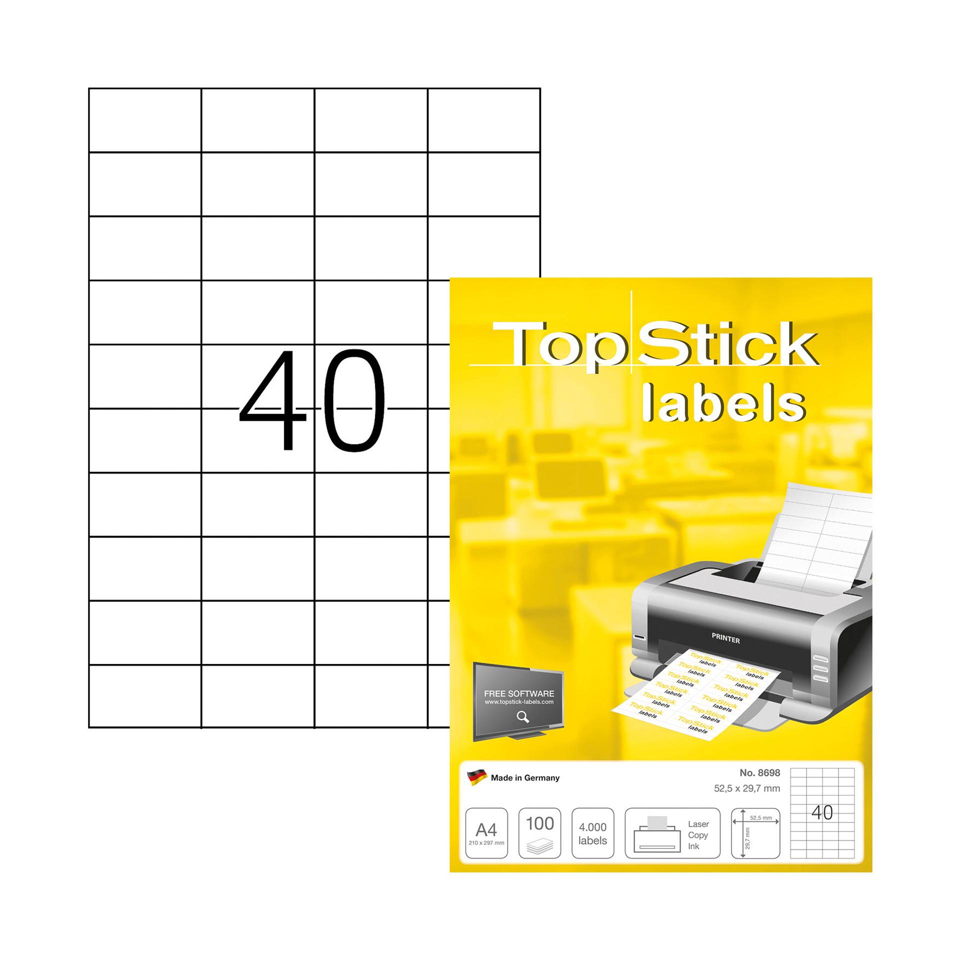 Top Stick Самозалепващи етикети, A4, 52.5 х 29.7 mm, 40 броя, 100 листа