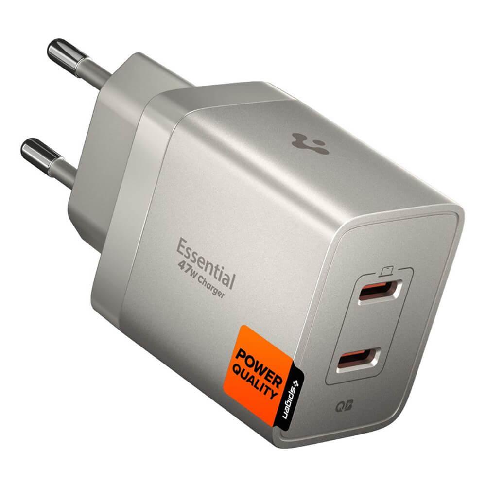 Захранване за ел. мрежа с 2xUSB-C PD изходи с технология за бързо зареждане - Spigen ArcStation Essential Dual USB-C Wall Charger 47W (бежов) | JAR Computers Захранване за ел. мрежа с 2xUSB-C PD изходи с технология за бързо зареждане - Spigen ArcStation Essential Dual USB-C Wall Charger 47W (бежов)