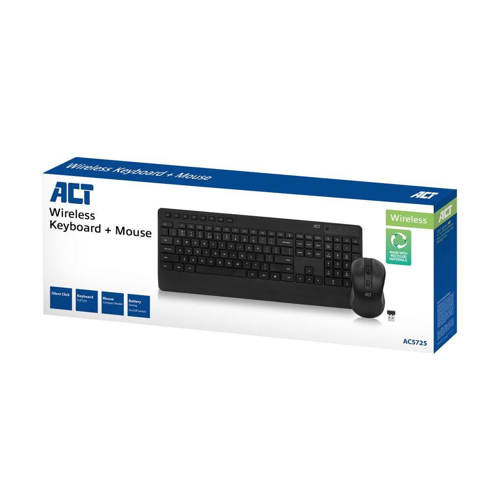 ACT AC5725 безжичен комплект клавиатура и мишка, QWERTY, безшумен, USB-A, рециклирани материали | JAR Computers ACT AC5725 безжичен комплект клавиатура и мишка, QWERTY, безшумен, USB-A, рециклирани материали