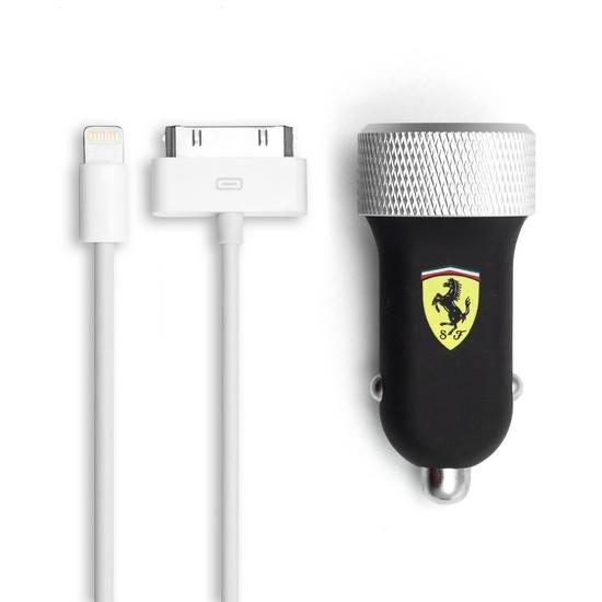 Зарядно за кола с два USB изхода + Lightning и Dock кабели за iPhone и iPad - Ferrari Slim Car Charger Dual (черен) | JAR Computers Зарядно за кола с два USB изхода + Lightning и Dock кабели за iPhone и iPad - Ferrari Slim Car Charger Dual (черен)