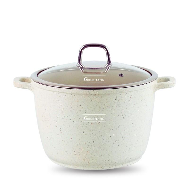 Дълбока тенджера Goldmann GM-0624B, 24 см, 6.2 л, Мраморно покритие, Стъклен капак с отвор за пара, Индукция, Бежов