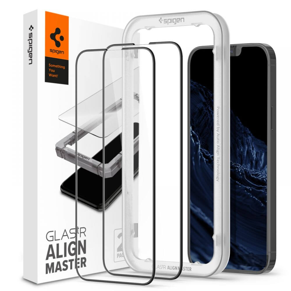 Spigen Glass.Tr Align Master Full Cover Tempered Glass 2 Pack - 2 броя стъклени защитни покрития за целия дисплей на iPhone 14, iPhone 13,  iPhone 13 Pro (черен-прозрачен)