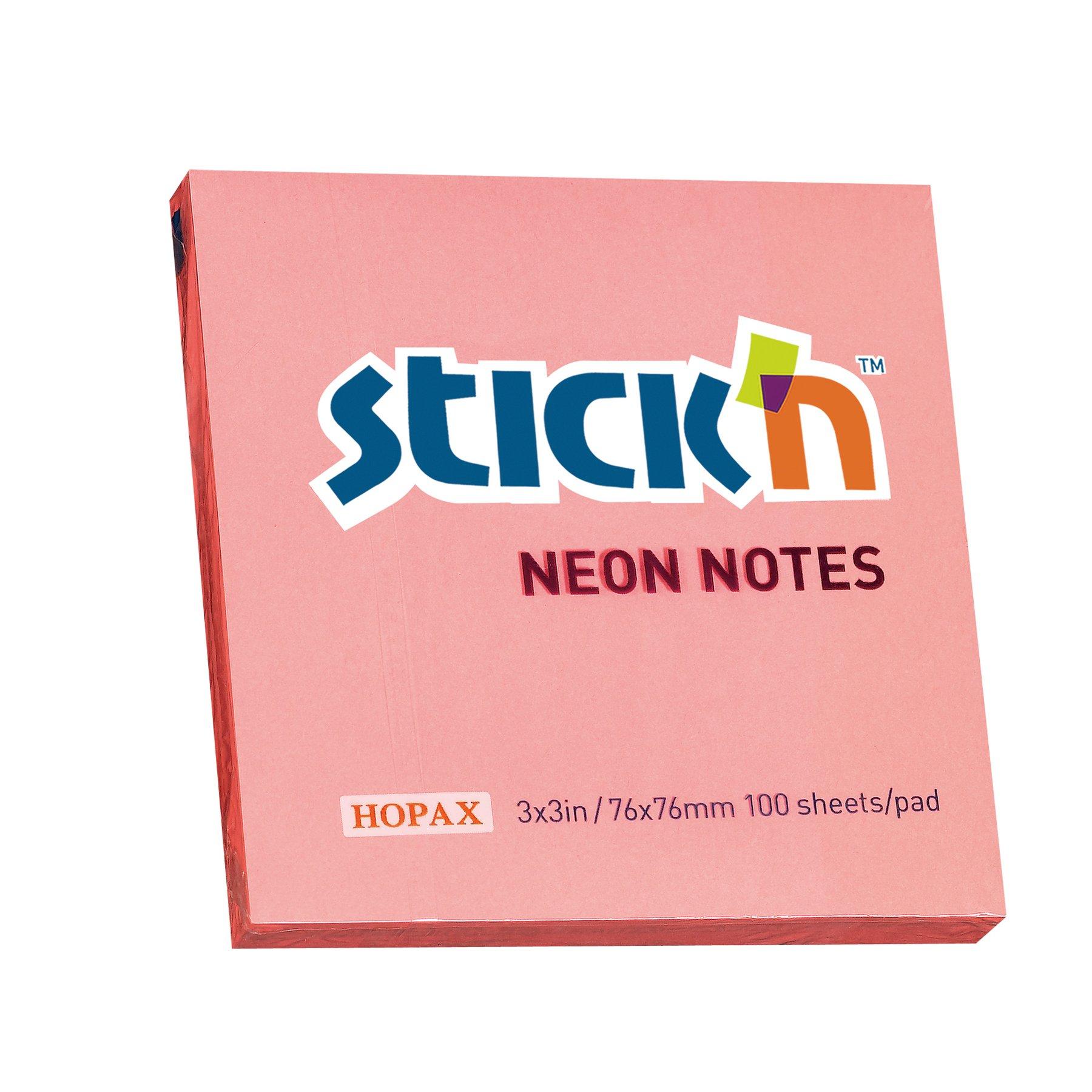 Stick'n Самозалепващи се листчета, 76x76 mm, неонови, розови, 100 листа