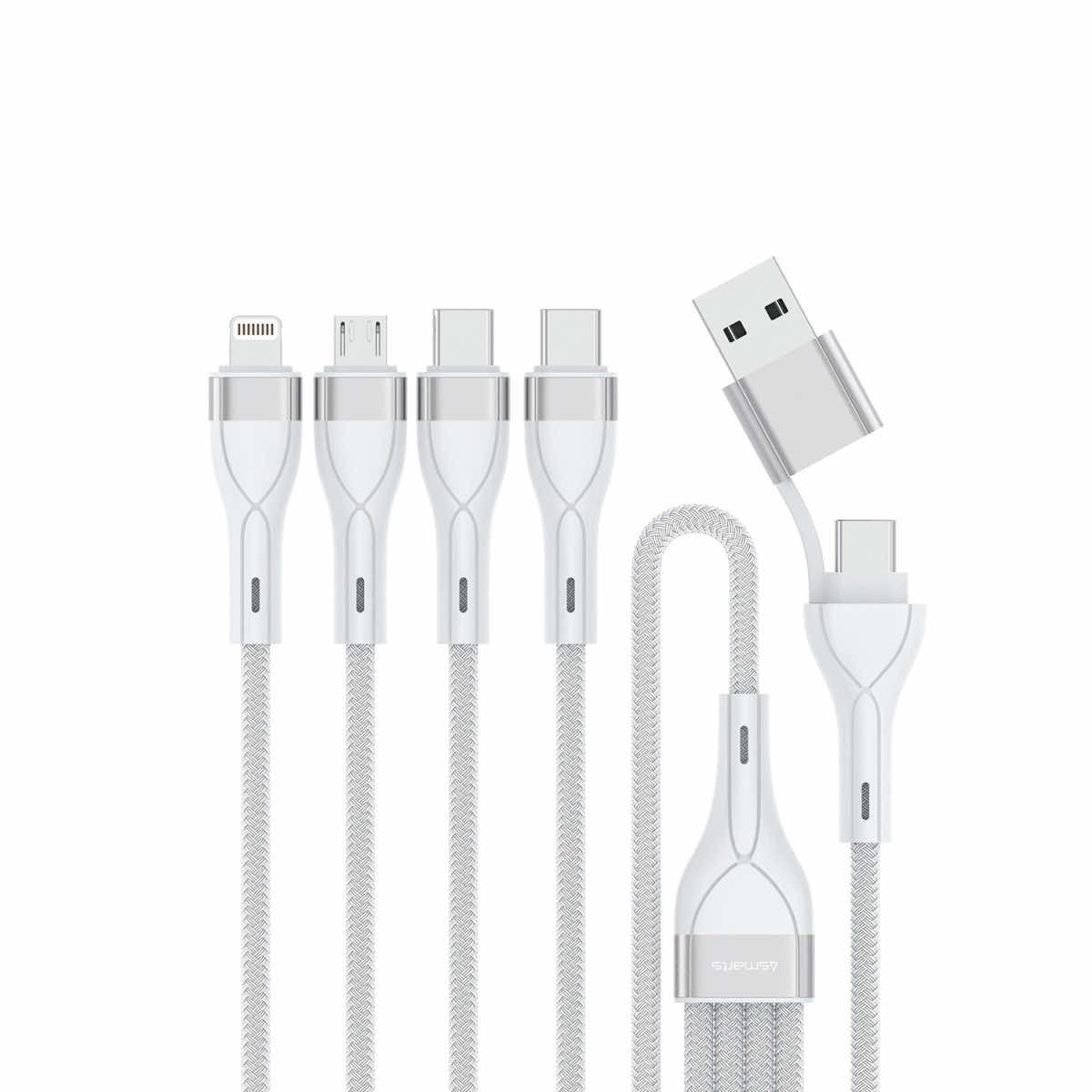 4smarts 4-in-2 Multi-Charging USB Cable - универсален USB-C кабел с Lightning, microUSB и USB-C конектори (120 см) (бял)