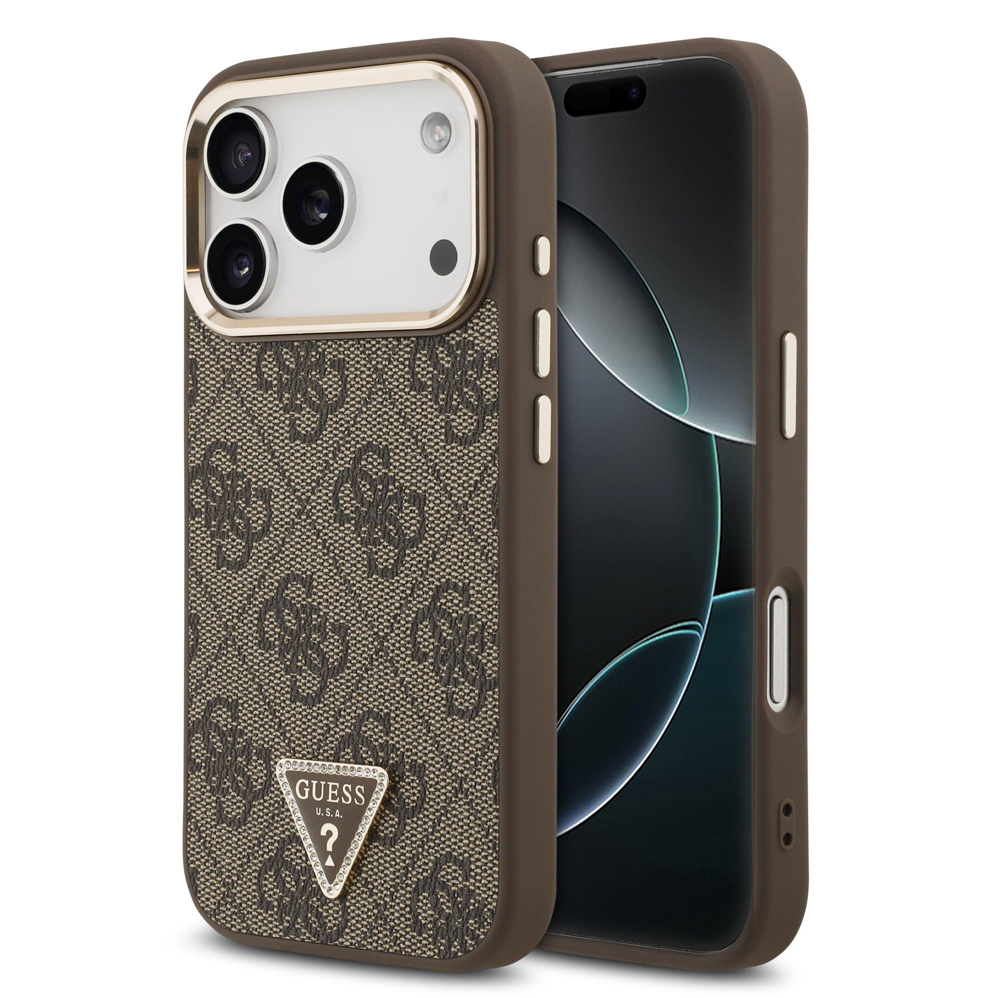 GUESS Калъф Apple iPhone 17 Pro, PU 4G Strass Triangle Logo Gold Frame MagSafe ,кафяв - GUHMP17LP4GTDGMW | JAR Computers GUESS Калъф Apple iPhone 17 Pro, PU 4G Strass Triangle Logo Gold Frame MagSafe ,кафяв - GUHMP17LP4GTDGMW