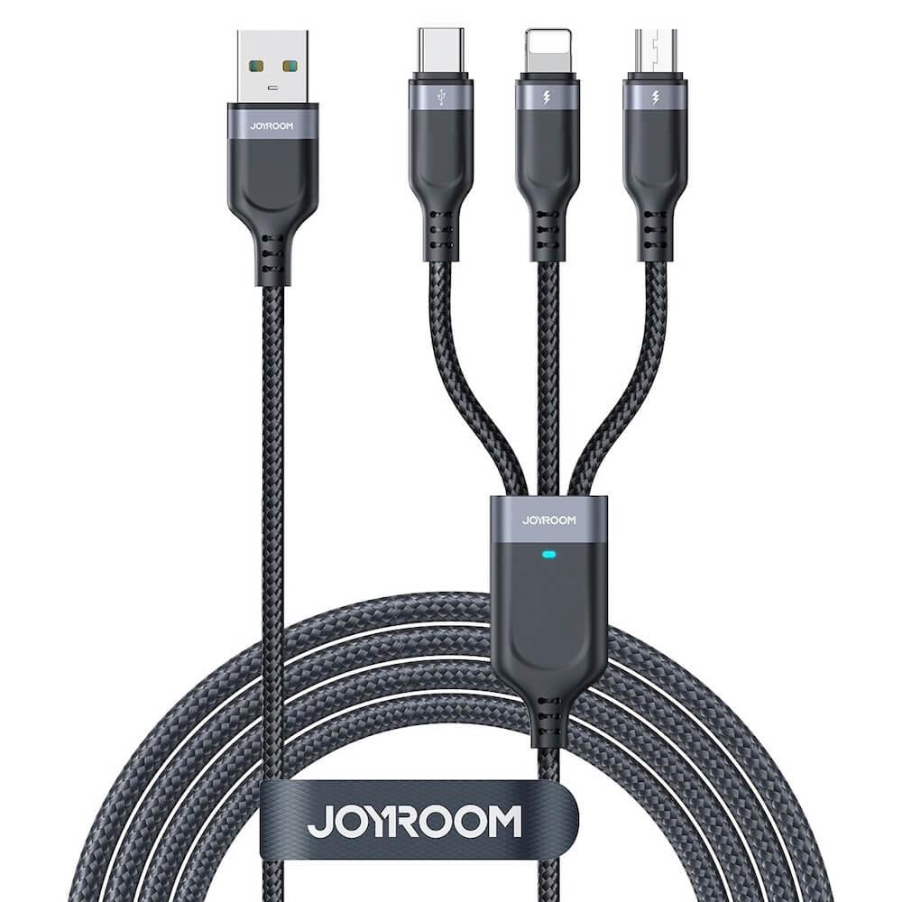 Joyroom 3-in-1 USB-A Fast Charging Cable 3.5A - универсален USB-A кабел с Lightning, microUSB и USB-C конектори (30 см) (черен)