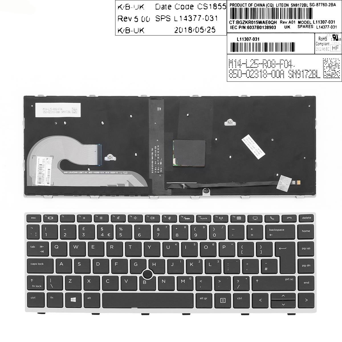 Клавиатура за лаптоп HP EliteBook 840 G5 Сребриста с Черна Рамка с Пойнтинг Стик с Подсветка / Silver Frame Black With Pointing Stick Backlit | JAR Computers Клавиатура за лаптоп HP EliteBook 840 G5 Сребриста с Черна Рамка с Пойнтинг Стик с Подсветка / Silver Frame Black With Pointing Stick Backlit