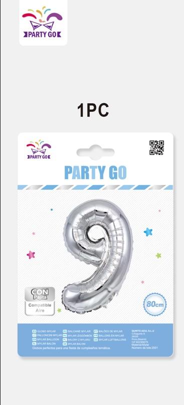 Фолиев балон PartyGo, 80см, сребърен, цифра 9 | JAR Computers Фолиев балон PartyGo, 80см, сребърен, цифра 9