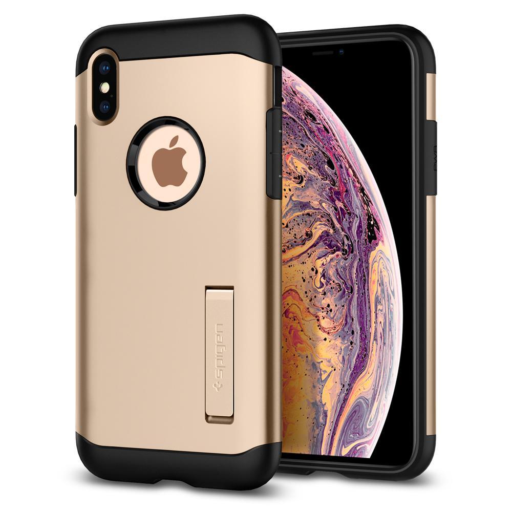 Хибриден кейс с поставка и най-висока степен на защита за iPhone XS Max - Spigen Slim Armor Case (златист) | JAR Computers Хибриден кейс с поставка и най-висока степен на защита за iPhone XS Max - Spigen Slim Armor Case (златист)