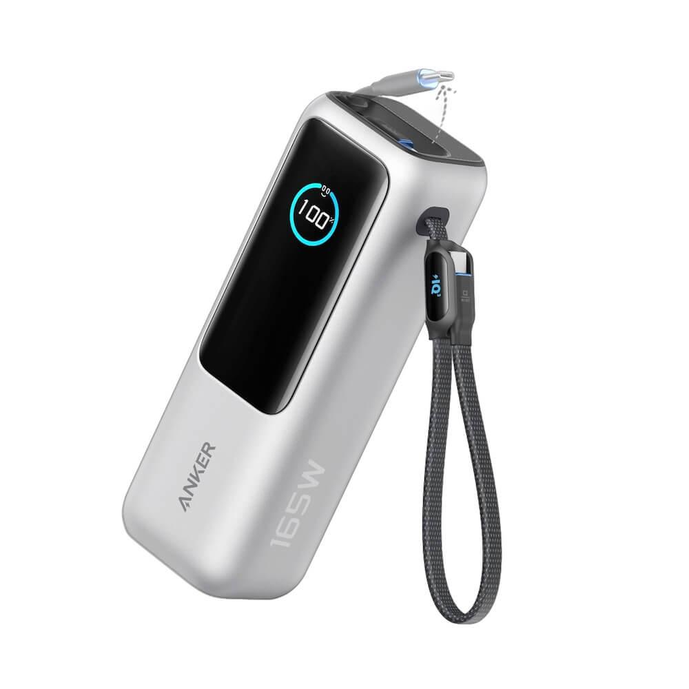 Anker Laptop Power Bank With Built-In Retractable Cables 25000 mAh 165W - външна батерия с вградени 2xUSB-C кабели и USB-C, USB-A портове и технология за бързо зареждане (сребрист)