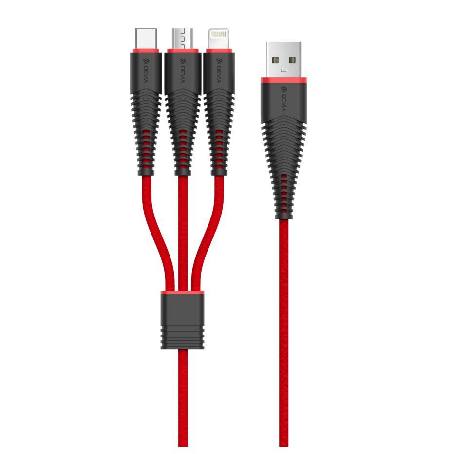 Универсален качествен кабел с Lightning, MicroUSB и USB-C конектори - Devia FishBone 3 in 1 Cable (червен-черен) | JAR Computers Универсален качествен кабел с Lightning, MicroUSB и USB-C конектори - Devia FishBone 3 in 1 Cable (червен-черен)