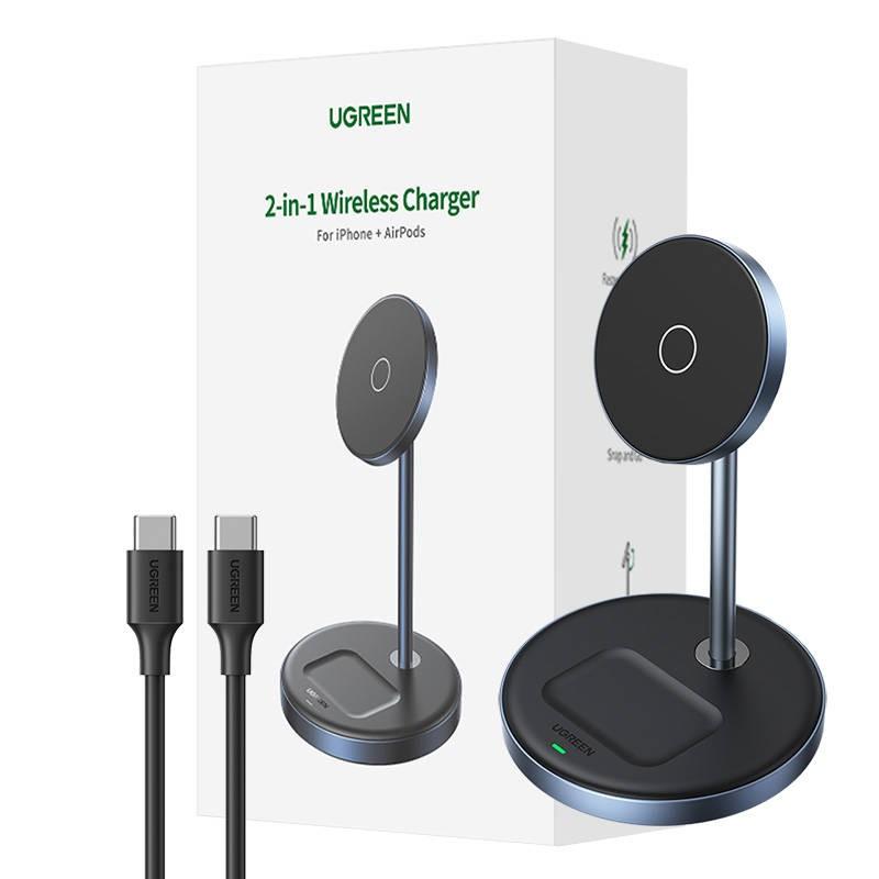 Двойна поставка (пад) за безжично зареждане за iPhone с Magsafe и AirPods - Ugreen iPhone And AirPods 2in1 Wireless Charger (сребрист-син) | JAR Computers Двойна поставка (пад) за безжично зареждане за iPhone с Magsafe и AirPods - Ugreen iPhone And AirPods 2in1 Wireless Charger (сребрист-син)