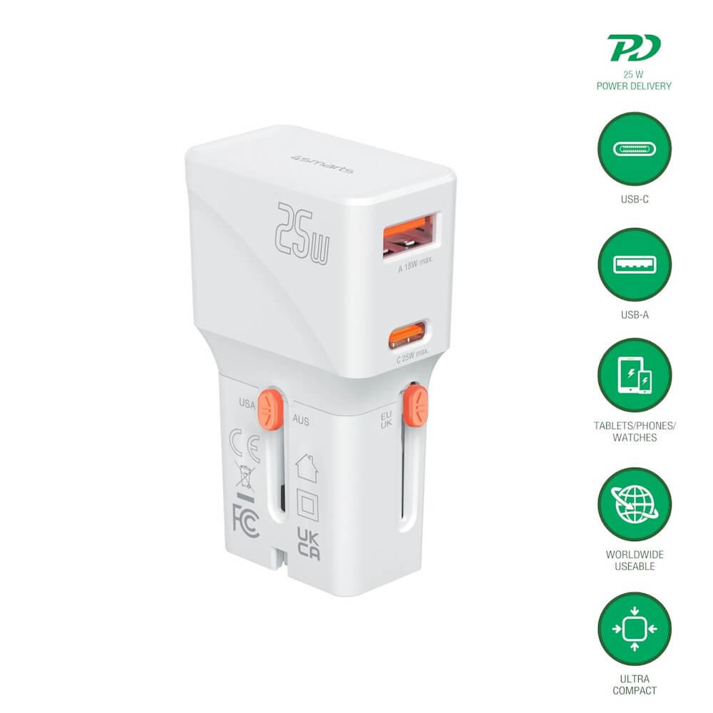 Захранване с USB-C и USB-A изхода и преходници за цял свят в едно устройство за мобилни устройства - 4smarts Nomad Pocket World Travel Adapter 25W (бял) | JAR Computers Захранване с USB-C и USB-A изхода и преходници за цял свят в едно устройство за мобилни устройства - 4smarts Nomad Pocket World Travel Adapter 25W (бял)