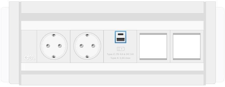Модул Flip-S 5M с 2х Шуко, USB тип A+C и 2х празни модула, цвят Бял/Алуминий, ABL | JAR Computers Модул Flip-S 5M с 2х Шуко, USB тип A+C и 2х празни модула, цвят Бял/Алуминий, ABL