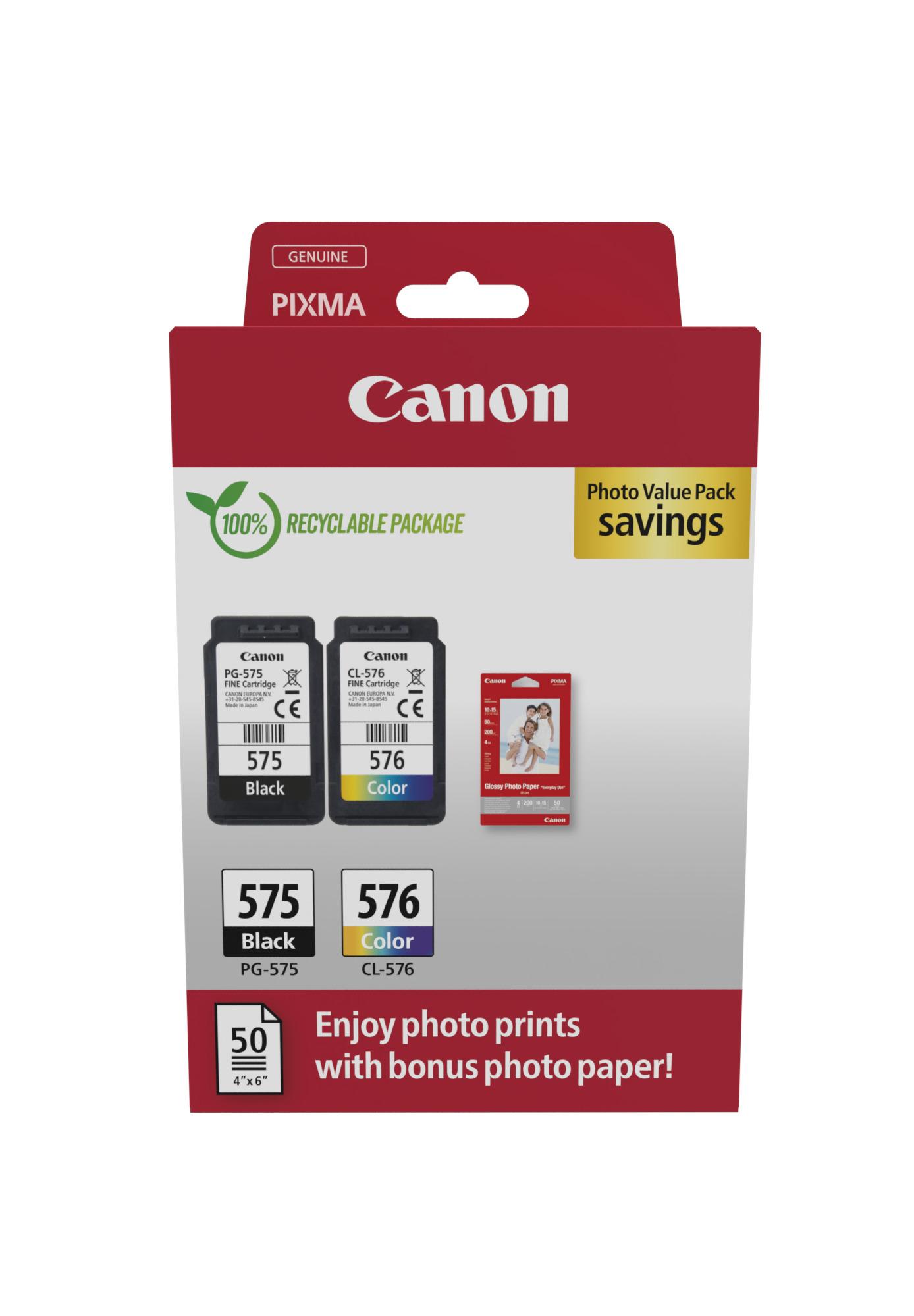 Комплект 2 глави и 50 броя фотохартия за Canon Pixma TS3700/TS3500/TR4700 Series - Ink - PG575 (PG-575) / CL576 (CL-576) / 5438C004 - BK/C/M/Y - PN 5438C004 | JAR Computers Комплект 2 глави и 50 броя фотохартия за Canon Pixma TS3700/TS3500/TR4700 Series - Ink - PG575 (PG-575) / CL576 (CL-576) / 5438C004 - BK/C/M/Y - PN 5438C004