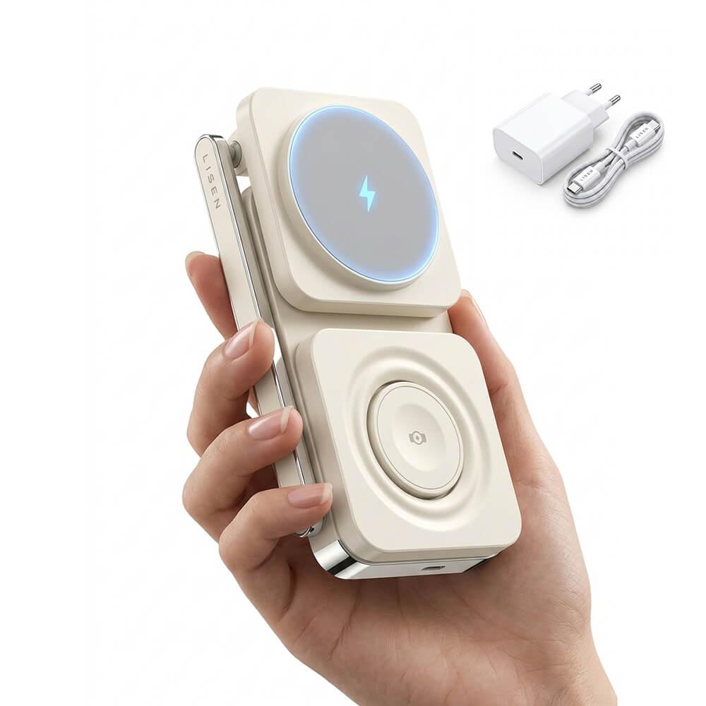 Преносима тройна поставка (пад) за безжично зареждане за iPhone с MagSafe, Apple Watch, AirPods и Qi съвместими мобилни устройства - Lisen 3-in-1 Qi Foldable Magnetic Wireless Charger 15W (бял) | JAR Computers Преносима тройна поставка (пад) за безжично зареждане за iPhone с MagSafe, Apple Watch, AirPods и Qi съвместими мобилни устройства - Lisen 3-in-1 Qi Foldable Magnetic Wireless Charger 15W (бял)