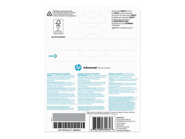 HP original Advanced glossy photo paper Ink cartridge Q8696A 250g/m2 130x180mm 25 sheets 1-pack borderless