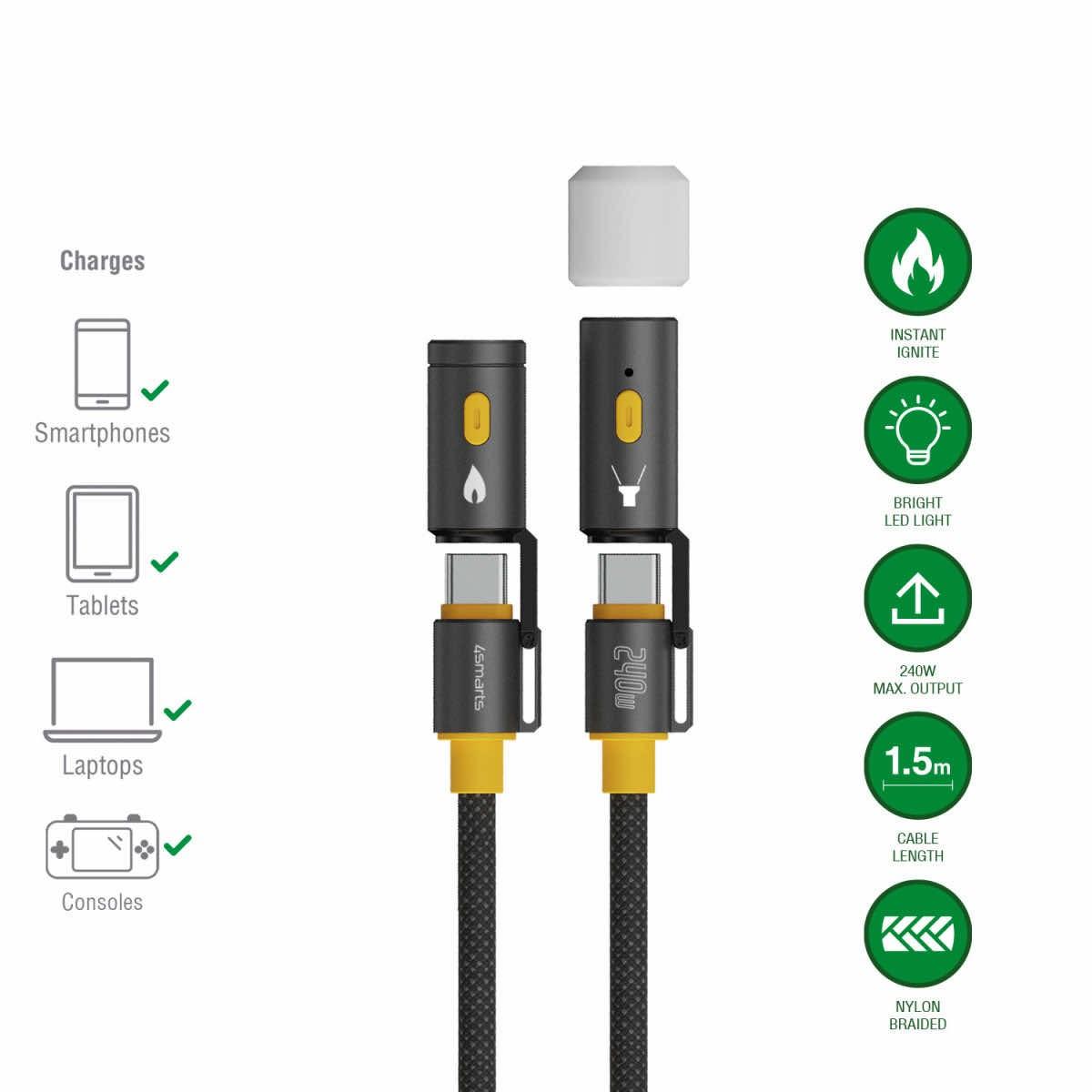 4smarts 3-in-1 USB-C Cable Set Explorer 240W - кабел с бързо зареждане за устройства с USB-C порт, LED светлина и запалка (150 см) (черен) 