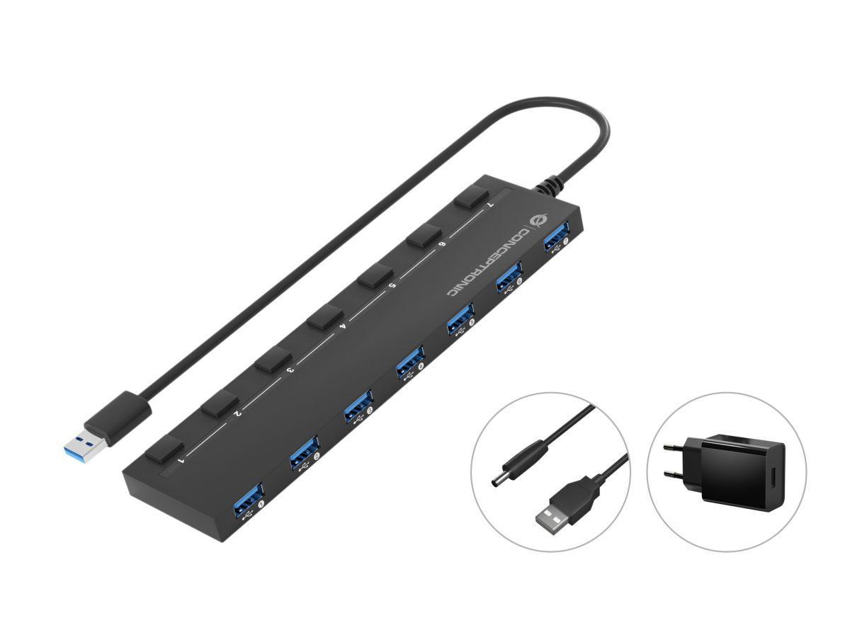 Conceptronic HUBBIES19BP 7-Port USB 3.0 HUB with Power Adapter, 90cm Cable, Individual Power Switch, USB 3.2 Gen 1 | JAR Computers Conceptronic HUBBIES19BP 7-Port USB 3.0 HUB with Power Adapter, 90cm Cable, Individual Power Switch, USB 3.2 Gen 1