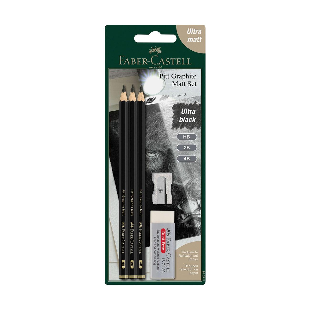 Faber-Castell Моливи Pitt Graphite Matt, чернографитни, HB, 2B, 4B, с гума и острилка