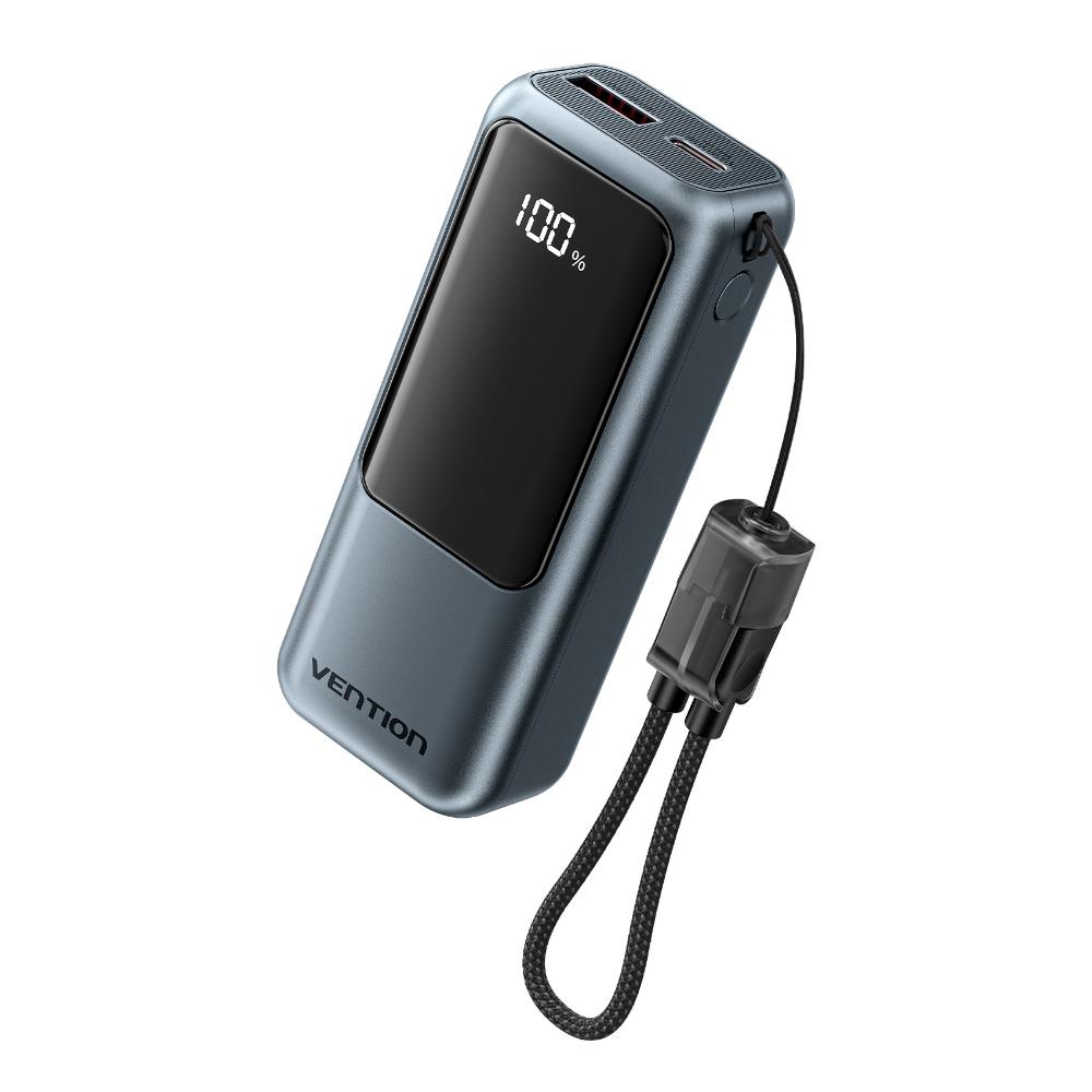VENTION Mini 10000mAh Power Bank (USB-C + USB-A) with Built-in Lanyard 22.5W Gray LED Display Type (FKOH0) (VENFKOH0)