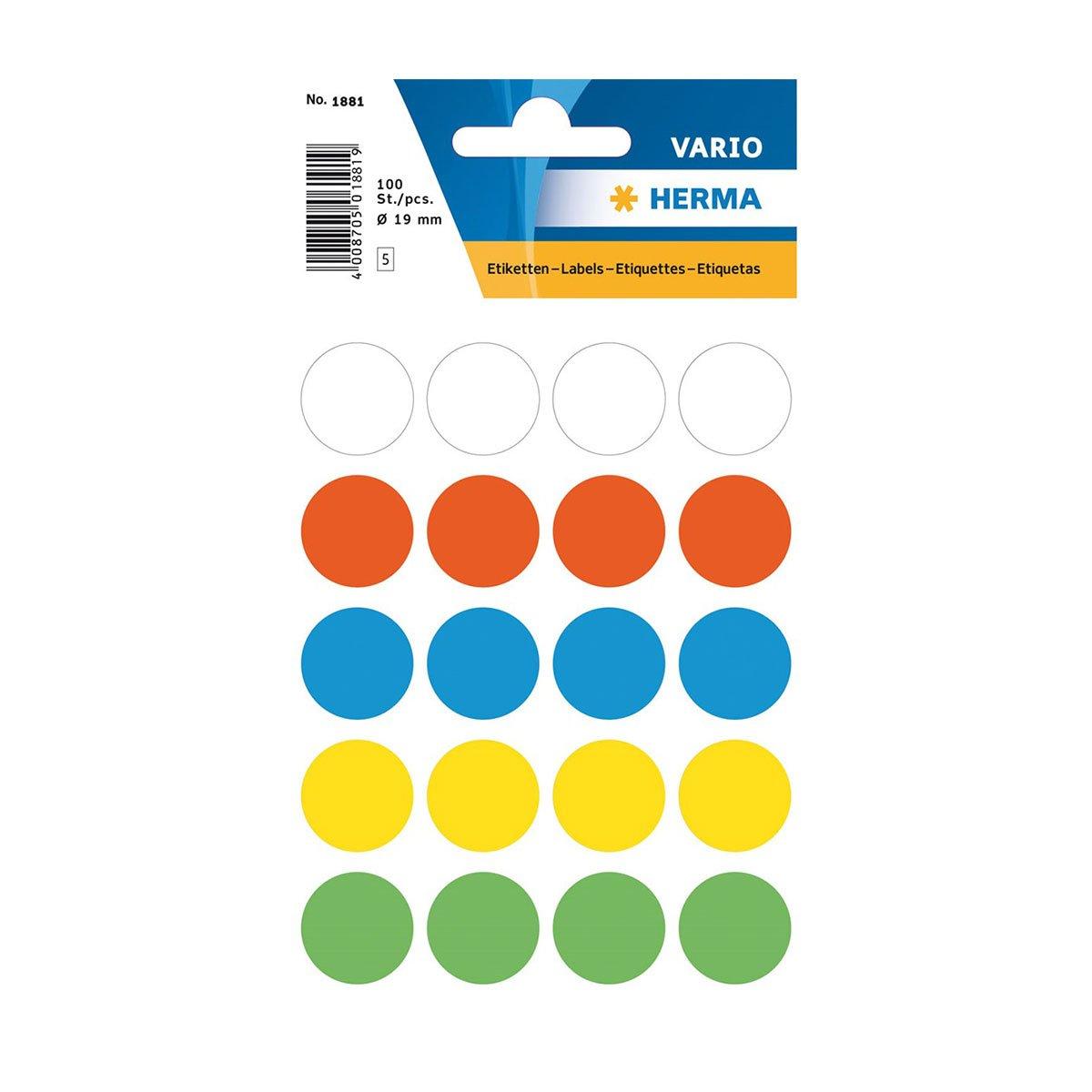 Herma Самозалепващи се етикети, кръгли, цветни, диаметър 19 mm, 100 броя
