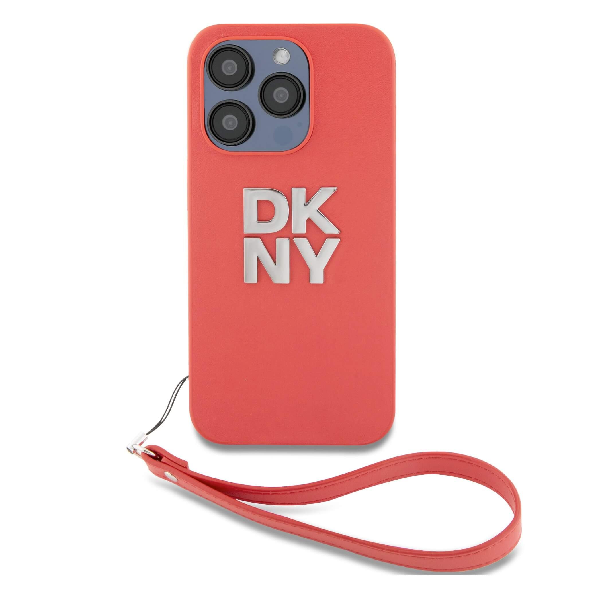 DKNY Stack Logo Wrist Strap Leather Hard Case - дизайнерски кожен кейс с връзка за носене за iPhone 14 Pro (червен)