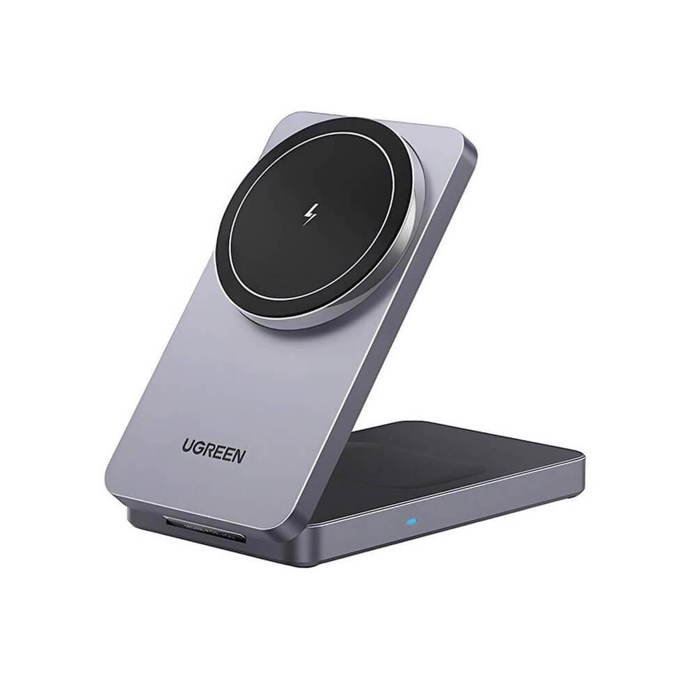 Двойна поставка (пад) за безжично зареждане за iPhone с Magsafe и AirPods - Ugreen 2-in-1 Foldable Qi Wireless Charger 15W (тъмносив) | JAR Computers Двойна поставка (пад) за безжично зареждане за iPhone с Magsafe и AirPods - Ugreen 2-in-1 Foldable Qi Wireless Charger 15W (тъмносив)