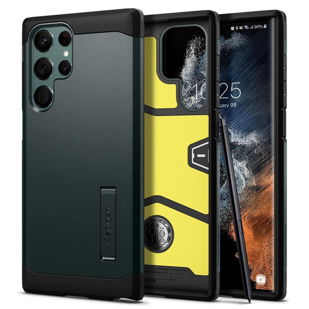 Хибриден кейс с най-висока степен на защита за Samsung Galaxy S22 Ultra - Spigen Tough Armor Case (тъмнозелен) | JAR Computers Хибриден кейс с най-висока степен на защита за Samsung Galaxy S22 Ultra - Spigen Tough Armor Case (тъмнозелен)