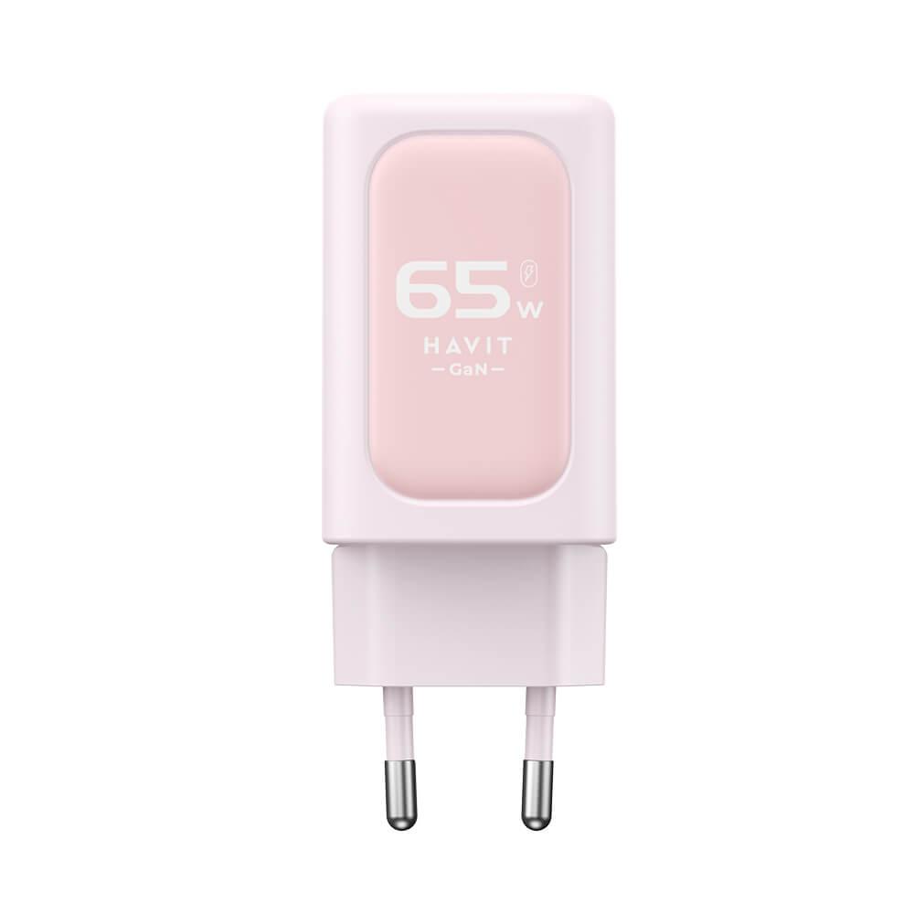 Захранване за ел. мрежа за лаптопи, смартфони и таблети с 2xUSB-C и 1xUSB-A изходи с технология за бързо зареждане - Havit GaN Fast Wall Charger 65W (розов) | JAR Computers Захранване за ел. мрежа за лаптопи, смартфони и таблети с 2xUSB-C и 1xUSB-A изходи с технология за бързо зареждане - Havit GaN Fast Wall Charger 65W (розов)