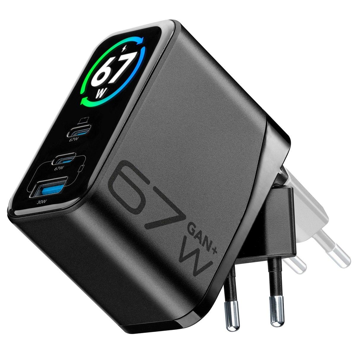 Зарядно 220V GaN+ TFT 2xUSB-C + USB-A 67W черно | JAR Computers Зарядно 220V GaN+ TFT 2xUSB-C + USB-A 67W черно