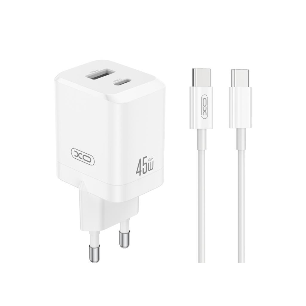 XO 220V 45W, USB-A + USB-C, кабел Type-C - Type-C, GaN, EU сертифицирано /бял/ - CE36 | JAR Computers XO 220V 45W, USB-A + USB-C, кабел Type-C - Type-C, GaN, EU сертифицирано /бял/ - CE36