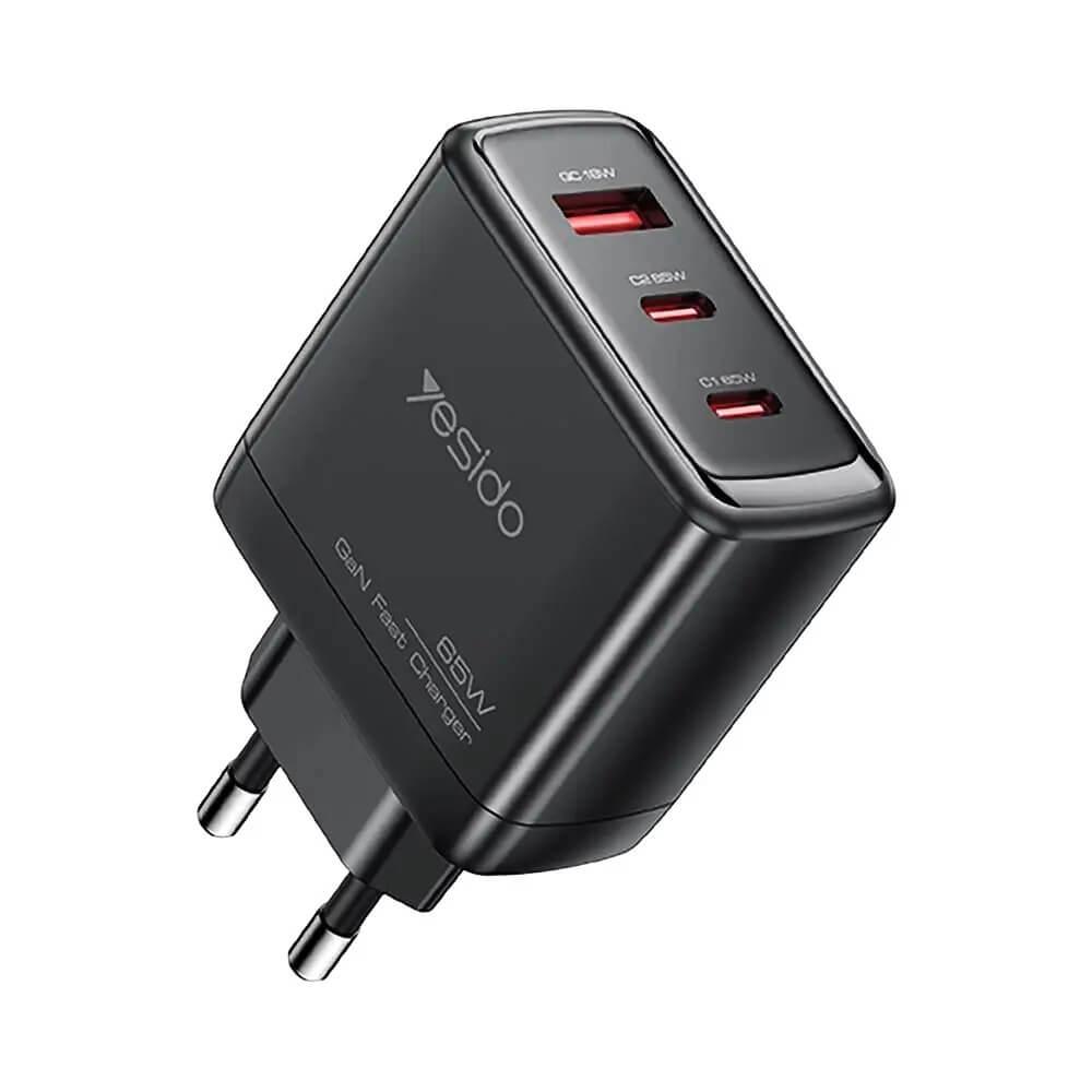 Захранване за ел. мрежа за лаптопи, смартфони и таблети с USB-A и 2xUSB-C изходи с технология за бързо зареждане - Yesido YC144C GaN Fast Wall Charger 65W (черен) | JAR Computers Захранване за ел. мрежа за лаптопи, смартфони и таблети с USB-A и 2xUSB-C изходи с технология за бързо зареждане - Yesido YC144C GaN Fast Wall Charger 65W (черен)