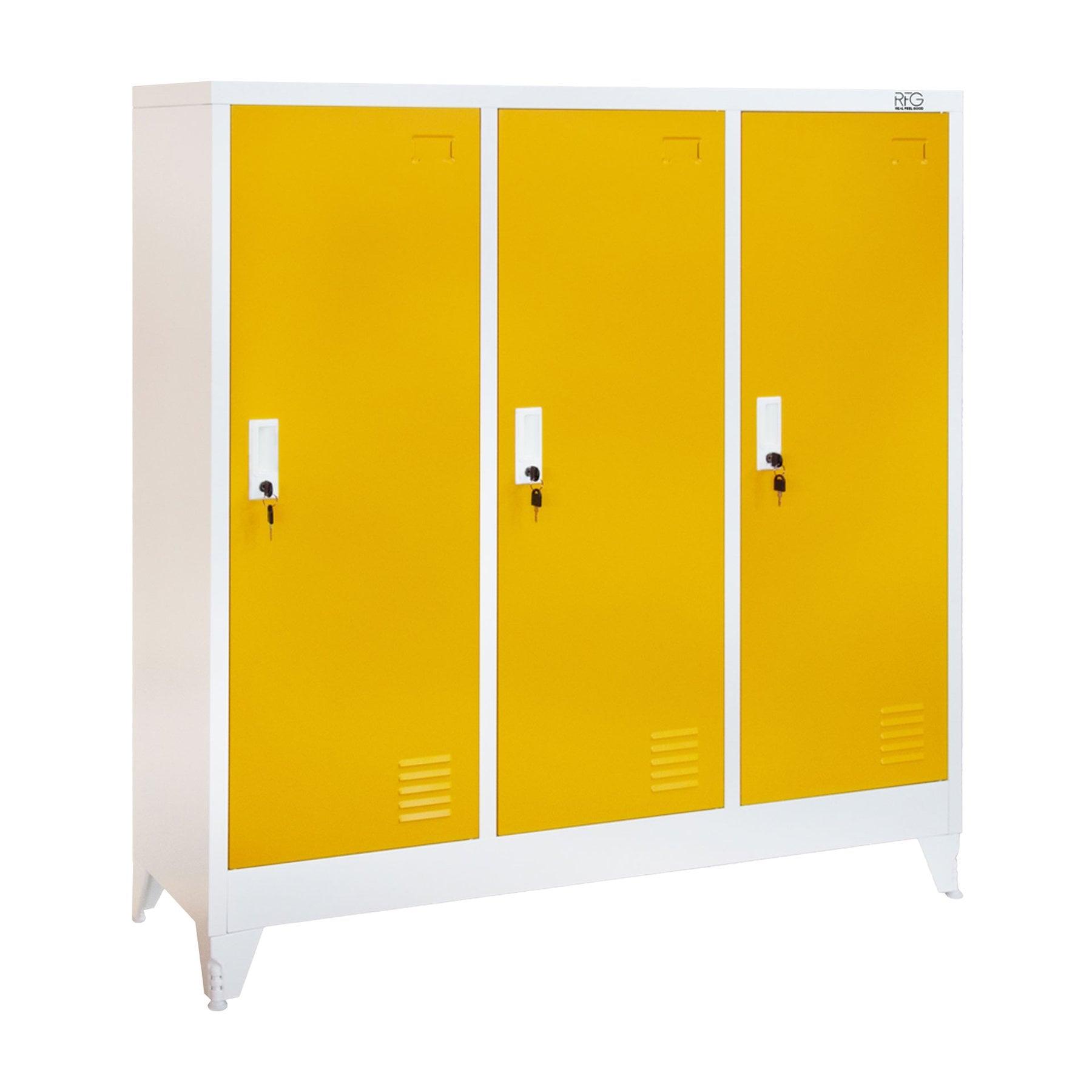 Гардероб RFG, метален, троен, с три врати, 120 х 40 х 120 cm, бял, с жълти врати