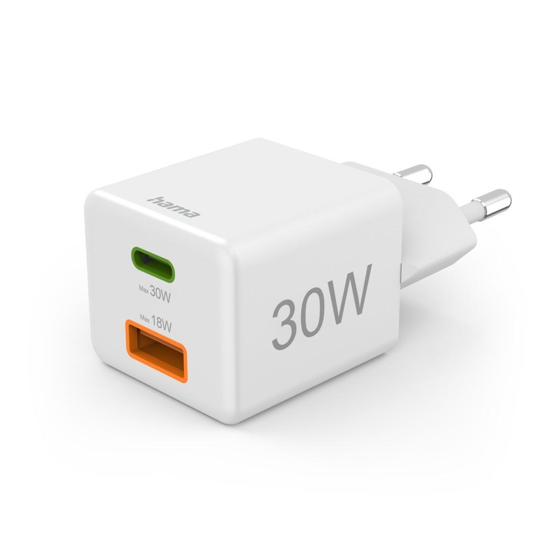 HAMA Бързо мини Gan зарядно, 30 W, 1x USB-C, 1x USB-A, PD, бял | JAR Computers HAMA Бързо мини Gan зарядно, 30 W, 1x USB-C, 1x USB-A, PD, бял