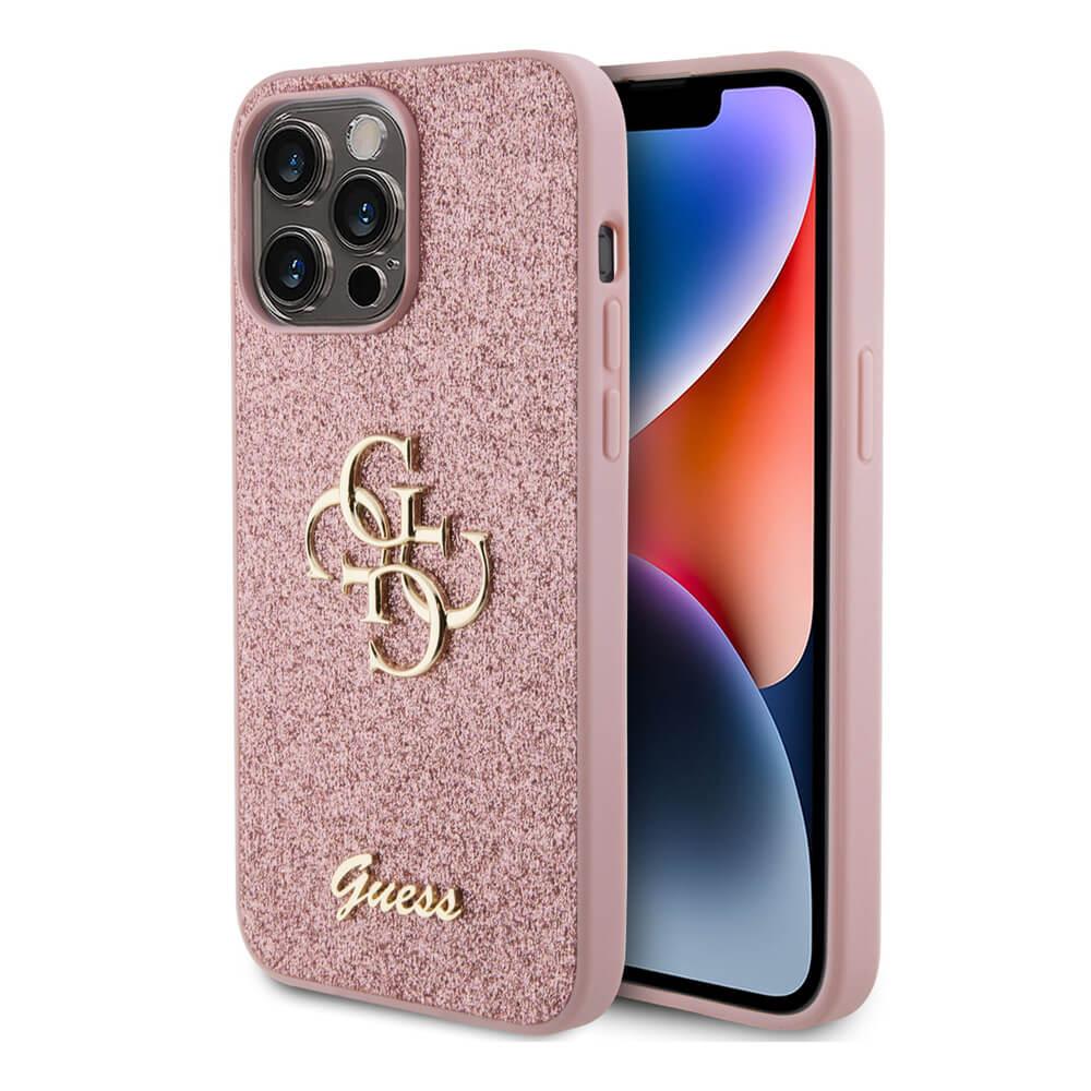 Силиконов (TPU) калъф за iPhone 15 Pro Max (розов) - Guess PU Fixed Glitter 4G Metal Logo Case | JAR Computers Силиконов (TPU) калъф за iPhone 15 Pro Max (розов) - Guess PU Fixed Glitter 4G Metal Logo Case