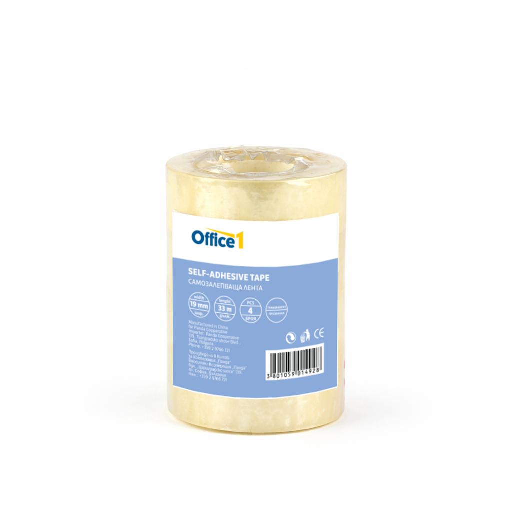 Office 1 Тиксо, 19 mm x 33 m, безцветно, 4 броя