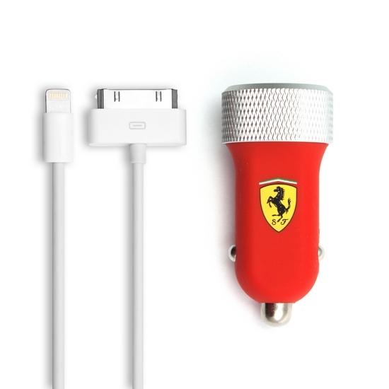 Зарядно за кола с два USB изхода + Lightning и Dock кабели за iPhone и iPad - Ferrari Slim Car Charger Dual (червен) | JAR Computers Зарядно за кола с два USB изхода + Lightning и Dock кабели за iPhone и iPad - Ferrari Slim Car Charger Dual (червен)