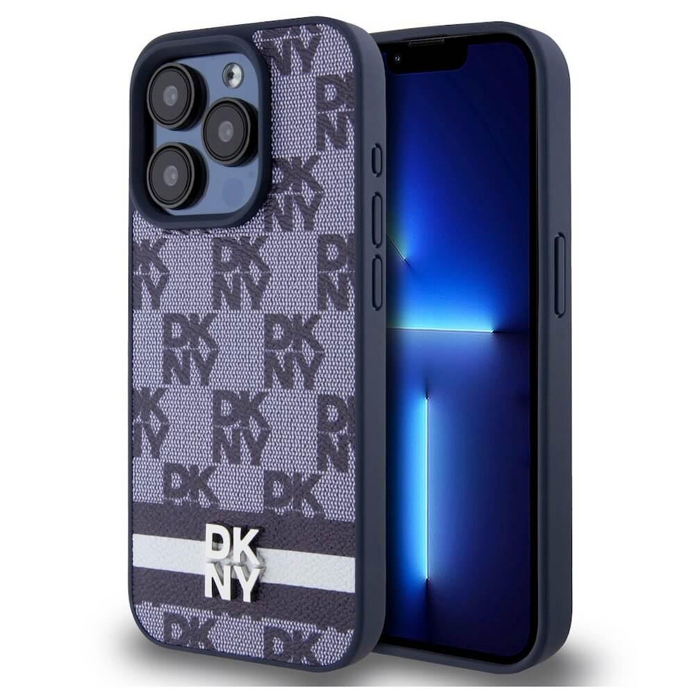 Дизайнерски кожен кейс за iPhone 15 Pro Max - DKNY Checkered Pattern and Stripe Leather Hard Case (тъмносин) | JAR Computers Дизайнерски кожен кейс за iPhone 15 Pro Max - DKNY Checkered Pattern and Stripe Leather Hard Case (тъмносин)