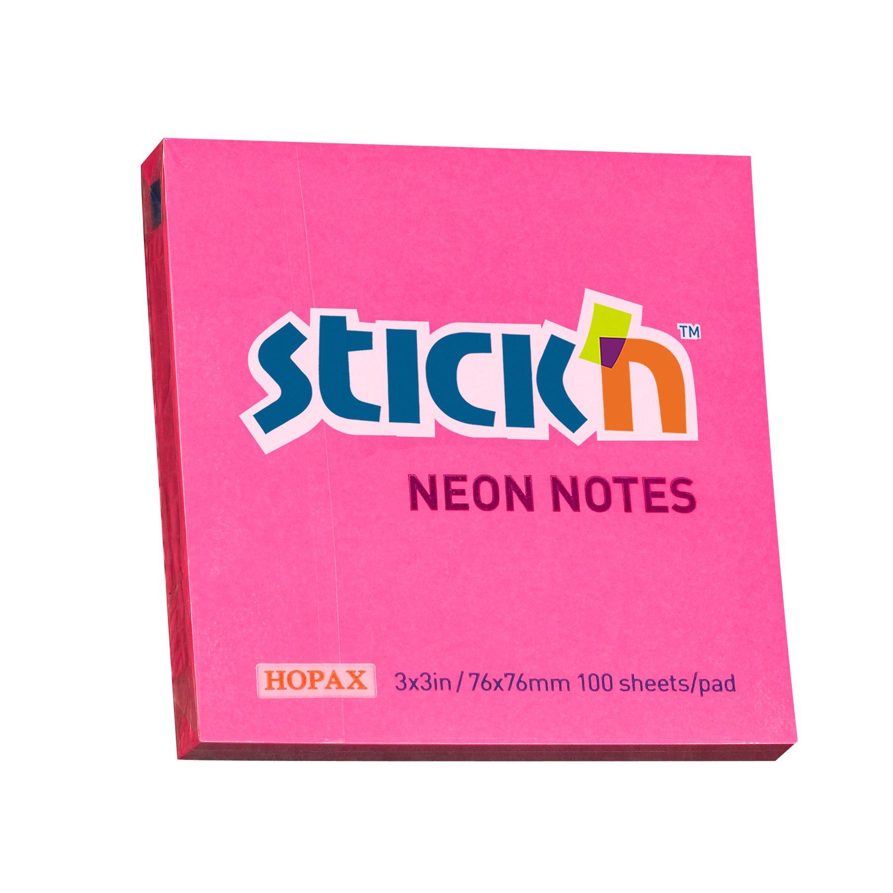 Stick'n Самозалепващи се листчета, 76x76 mm, неонови, магента, 100 листа
