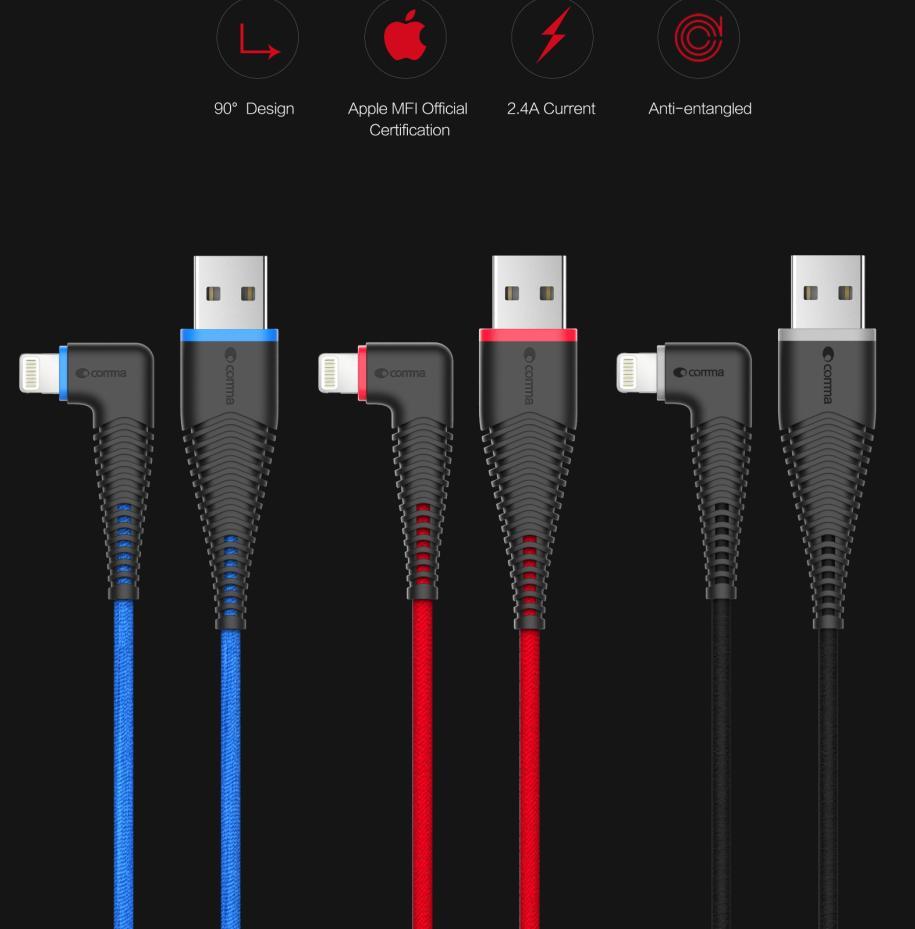 Изключително здрав и качествен Lightning кабел за iPhone, iPad, iPod (150 см.) - Comma Bingo MFI Angled Cable (черен) | JAR Computers Изключително здрав и качествен Lightning кабел за iPhone, iPad, iPod (150 см.) - Comma Bingo MFI Angled Cable (черен)