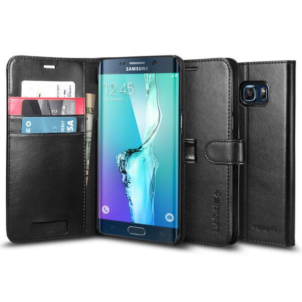 Кожен калъф, тип портфейл и поставка за Samsung Galaxy S6 Edge Plus - Spigen Wallet S Case (черен) | JAR Computers Кожен калъф, тип портфейл и поставка за Samsung Galaxy S6 Edge Plus - Spigen Wallet S Case (черен)