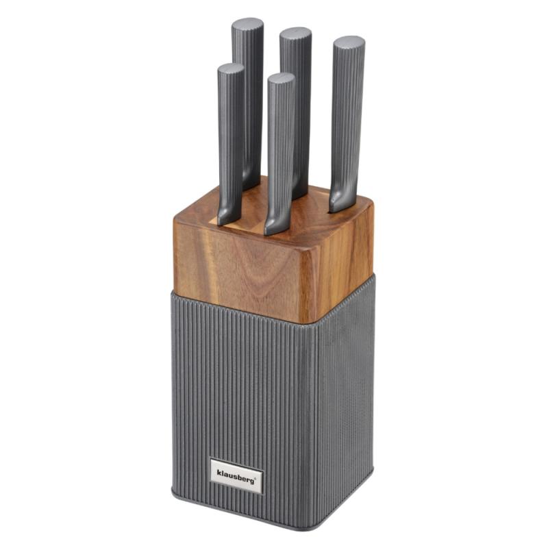 Комплект ножове Klausberg KB 7982, 6 части, Неръждаема стомана, Стойка от акациево дърво, Графит/кафяв | JAR Computers Комплект ножове Klausberg KB 7982, 6 части, Неръждаема стомана, Стойка от акациево дърво, Графит/кафяв