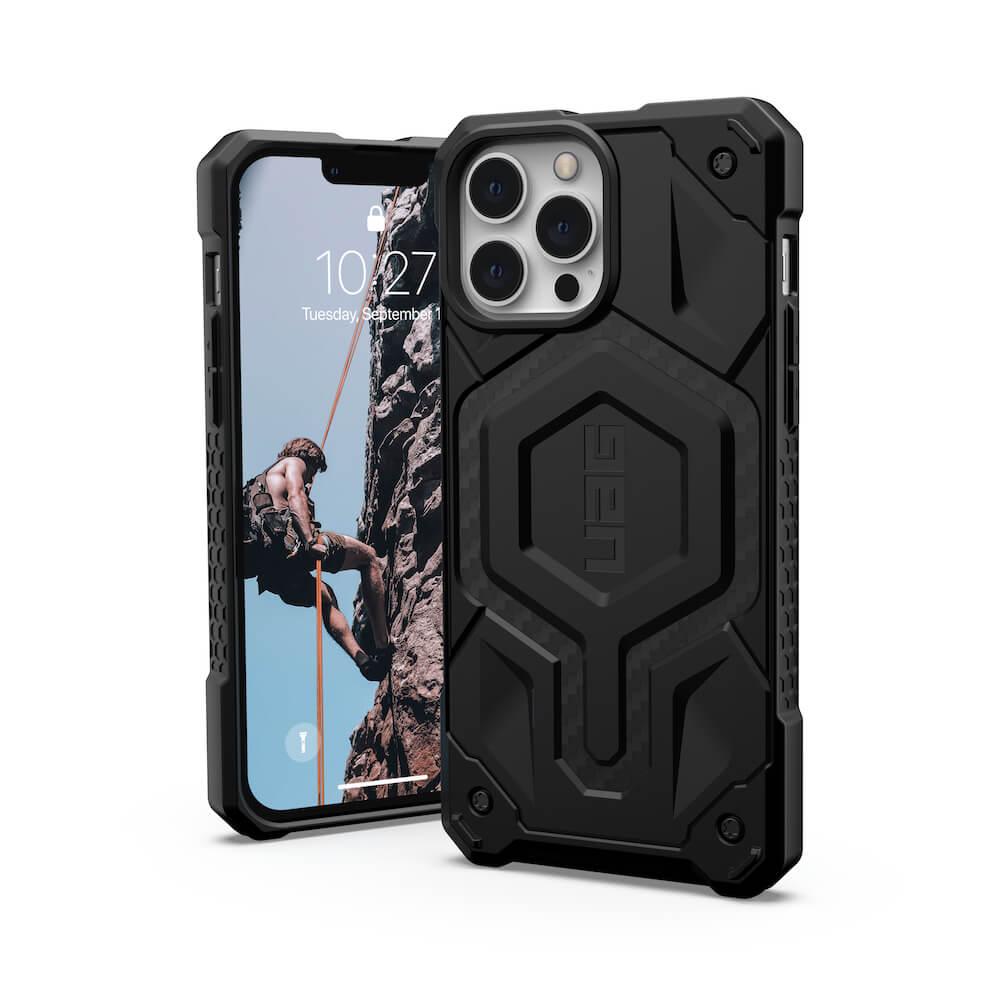 Удароустойчив хибриден кейс с MagSafe за iPhone 13 Pro - Urban Armor Gear Monarch Pro MagSafe Case (черен-карбон) | JAR Computers Удароустойчив хибриден кейс с MagSafe за iPhone 13 Pro - Urban Armor Gear Monarch Pro MagSafe Case (черен-карбон)